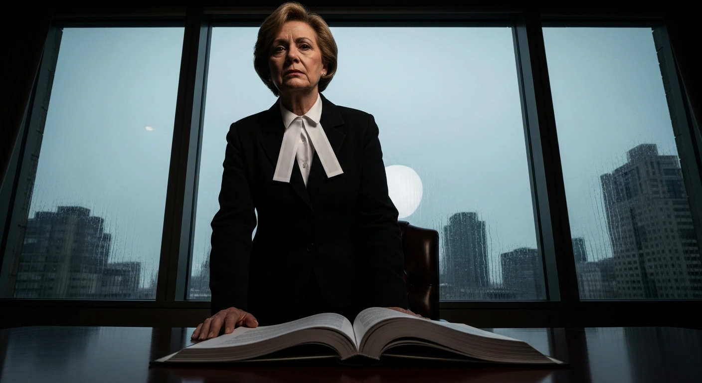 A powerful woman, representing Kathryn Ruemmler, stands contemplatively by a large office window overlooking a city, with a weighty legal document open on a desk, symbolizing her resignation from Goldman Sachs and the legal advice she provided related to Jeffrey Epstein documents.