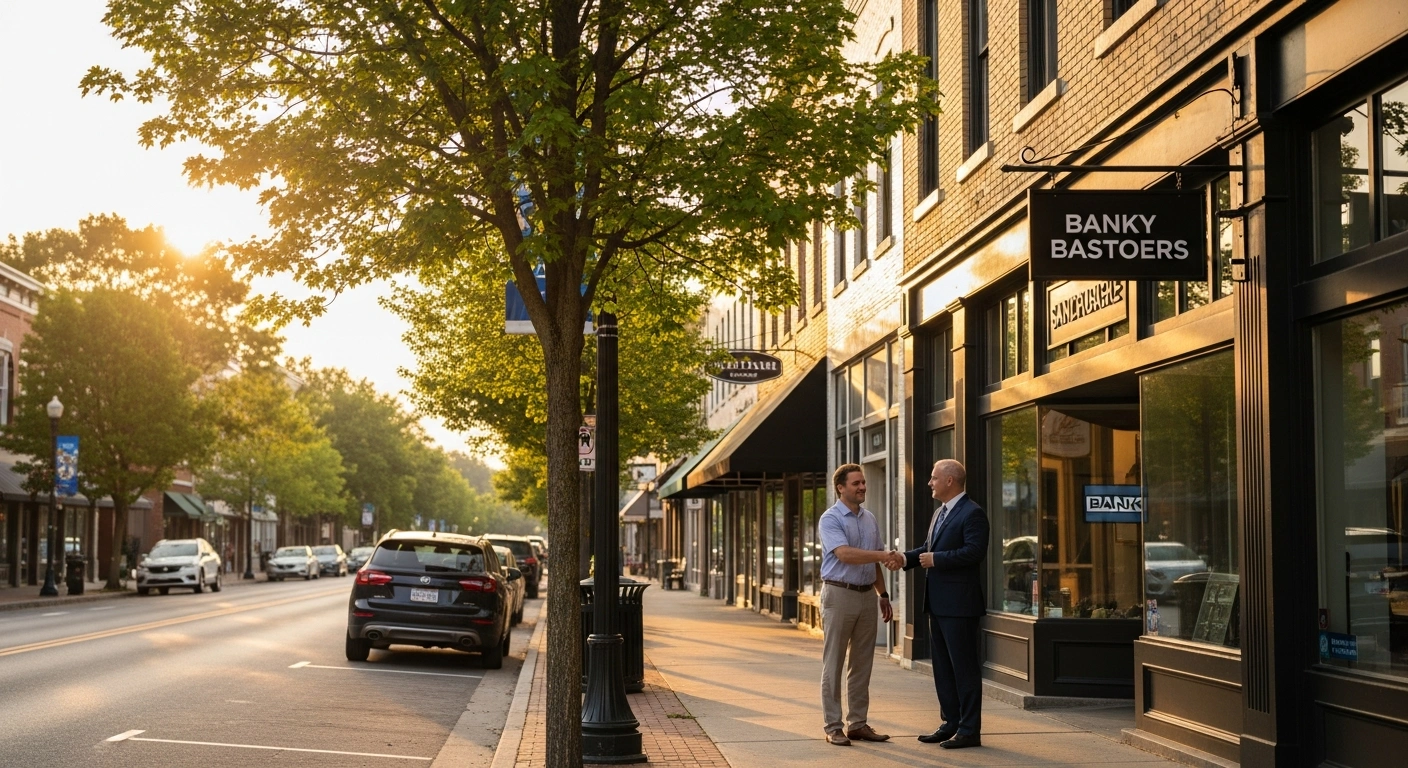 A business owner and a banker shake hands on a busy small-town main street, representing economic growth and confidence in rural America.