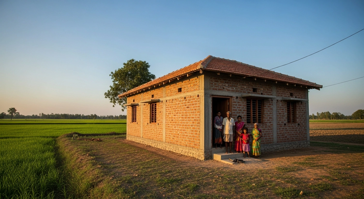 A newly built rural house in India represents the government's commitment to providing permanent housing under the Pradhan Mantri Awas Yojana-Gramin initiative.
