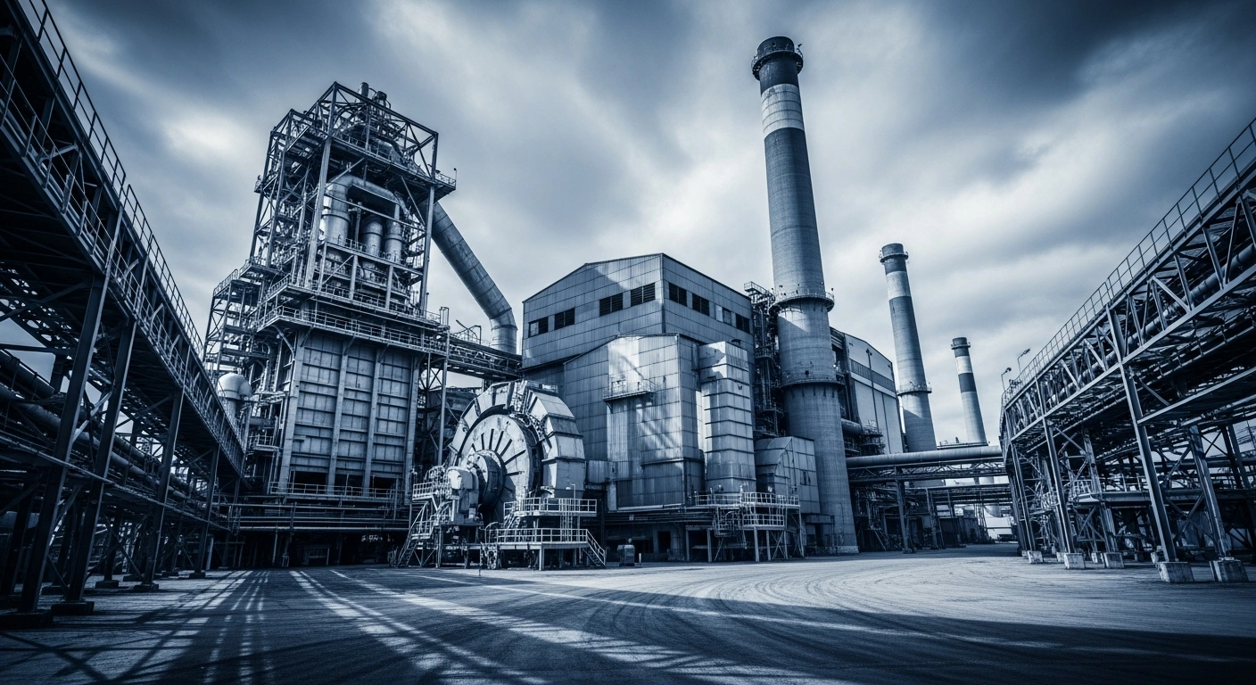 A massive industrial aluminum smelting plant stands under a cloudy sky as the Federal Antimonopoly Service investigates Rusal for alleged monopolistic pricing practices.