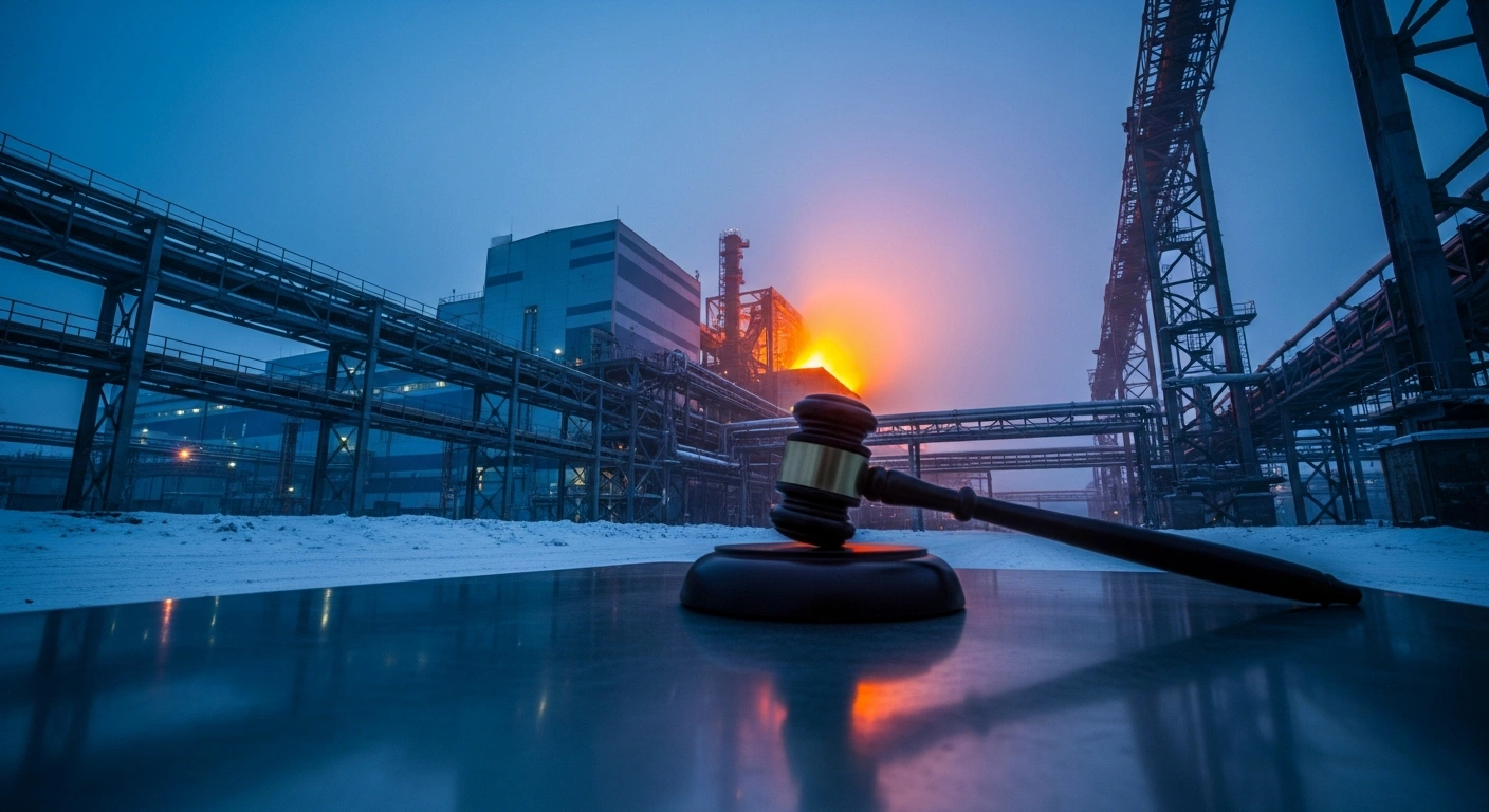A symbolic image showing a gavel resting in front of a large industrial aluminum plant, representing the Russian Federal Antimonopoly Service warning Rusal about high domestic prices.