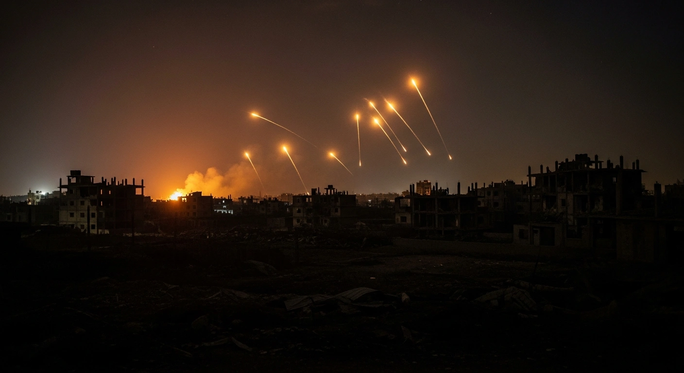 Ukrainian air defenses fire interceptor missiles into the night sky to counter a Russian aerial assault on a city with damaged residential infrastructure.