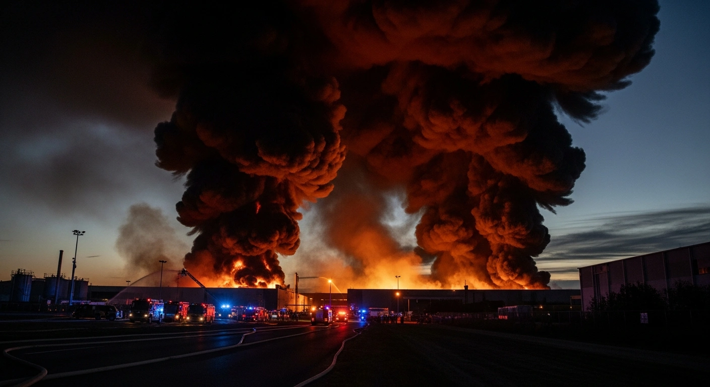 A massive industrial fire engulfs a battery storage warehouse within Russia's Alabuga Special Economic Zone, with thick smoke rising into the sky as emergency vehicles and evacuated employees are visible in the foreground.