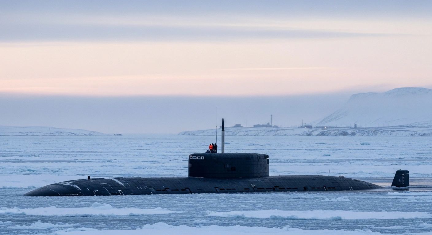 A wide, cinematic shot of a nuclear submarine's conning tower partially submerged in an ice-choked Arctic fjord under a pale twilight, symbolizing Russia's reinforcement of strategic assets in the Arctic and the call for increased monitoring.