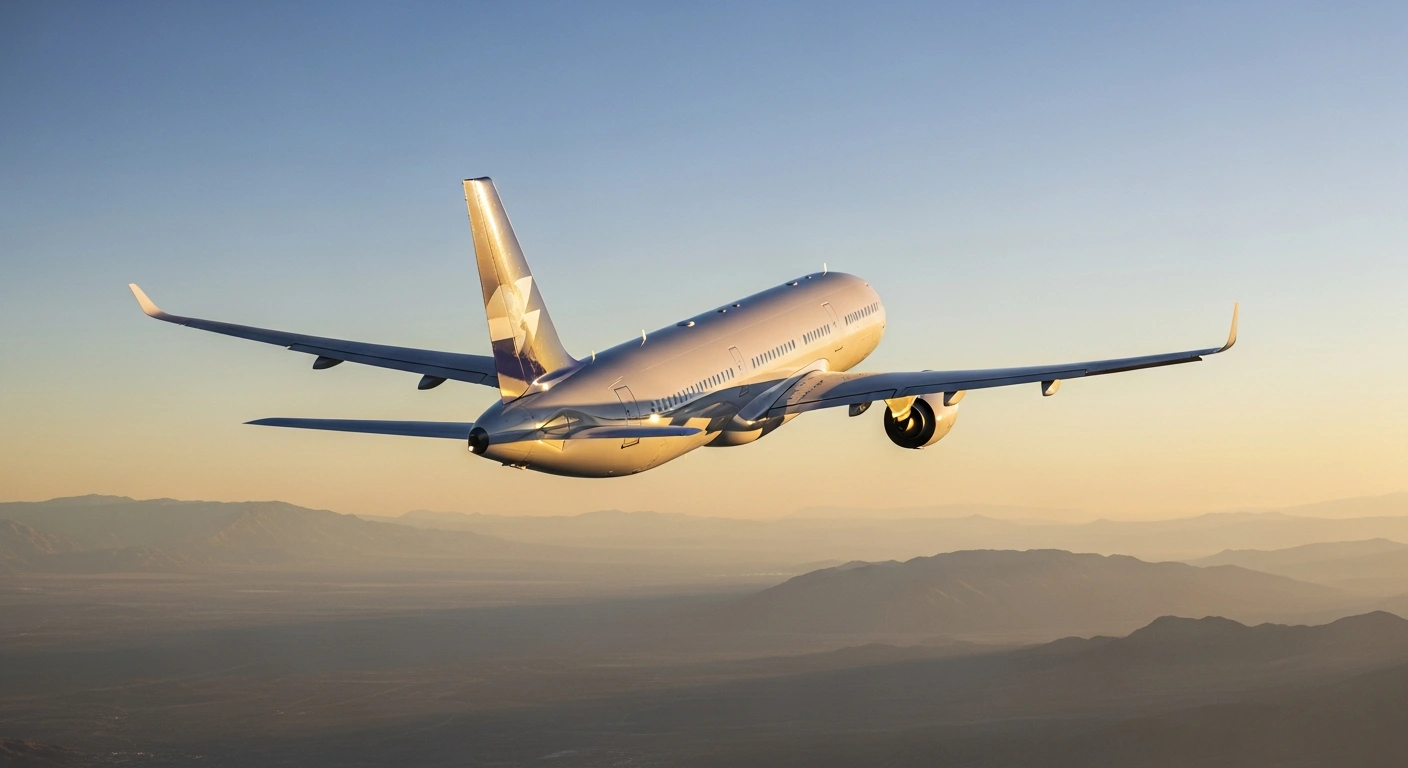 A commercial passenger airplane flies through the sky, representing the restoration of direct flight operations between Russia and Azerbaijan.