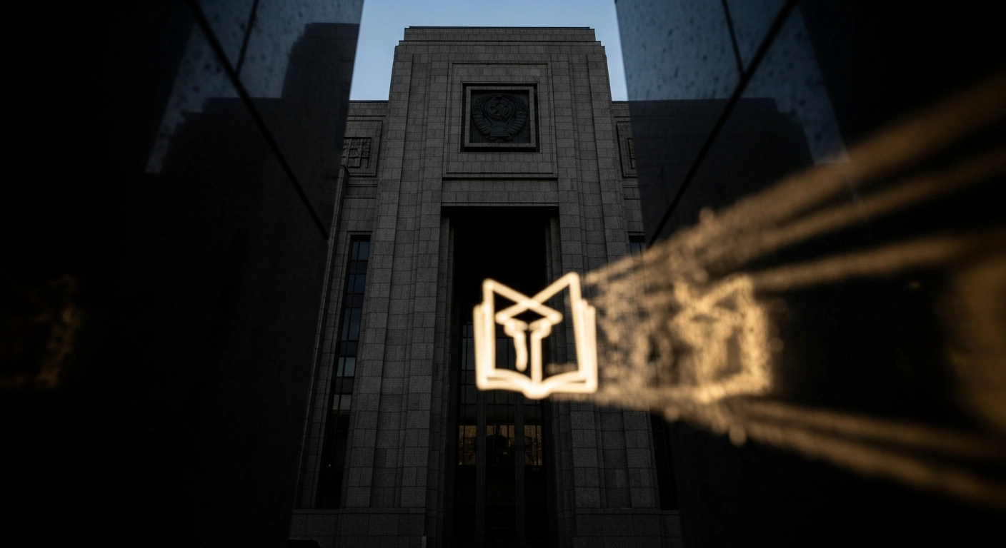 An imposing, dark granite wall, symbolizing Russia's General Prosecutor's Office, casts long shadows over a faint, dissolving academic torch, representing George Washington University, which has been labeled an 'undesirable' organization for promoting anti-Russian sentiment and misinformation about the conflict in Ukraine.