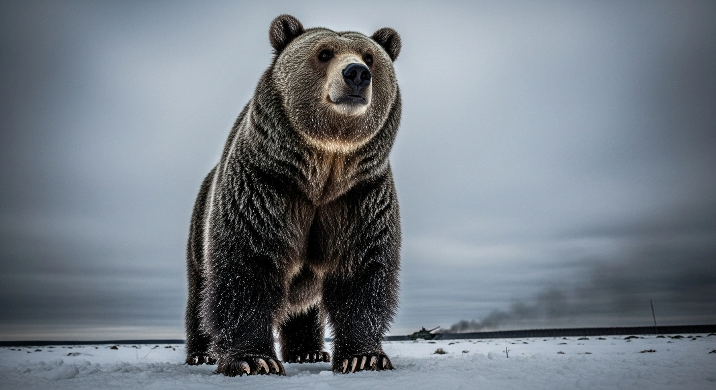 A powerful grizzly bear stands in a snow-covered taiga under an overcast sky, symbolizing Russia's asserted strength and resolve to continue its special military operation in Ukraine, in response to comments made by US President Donald Trump.