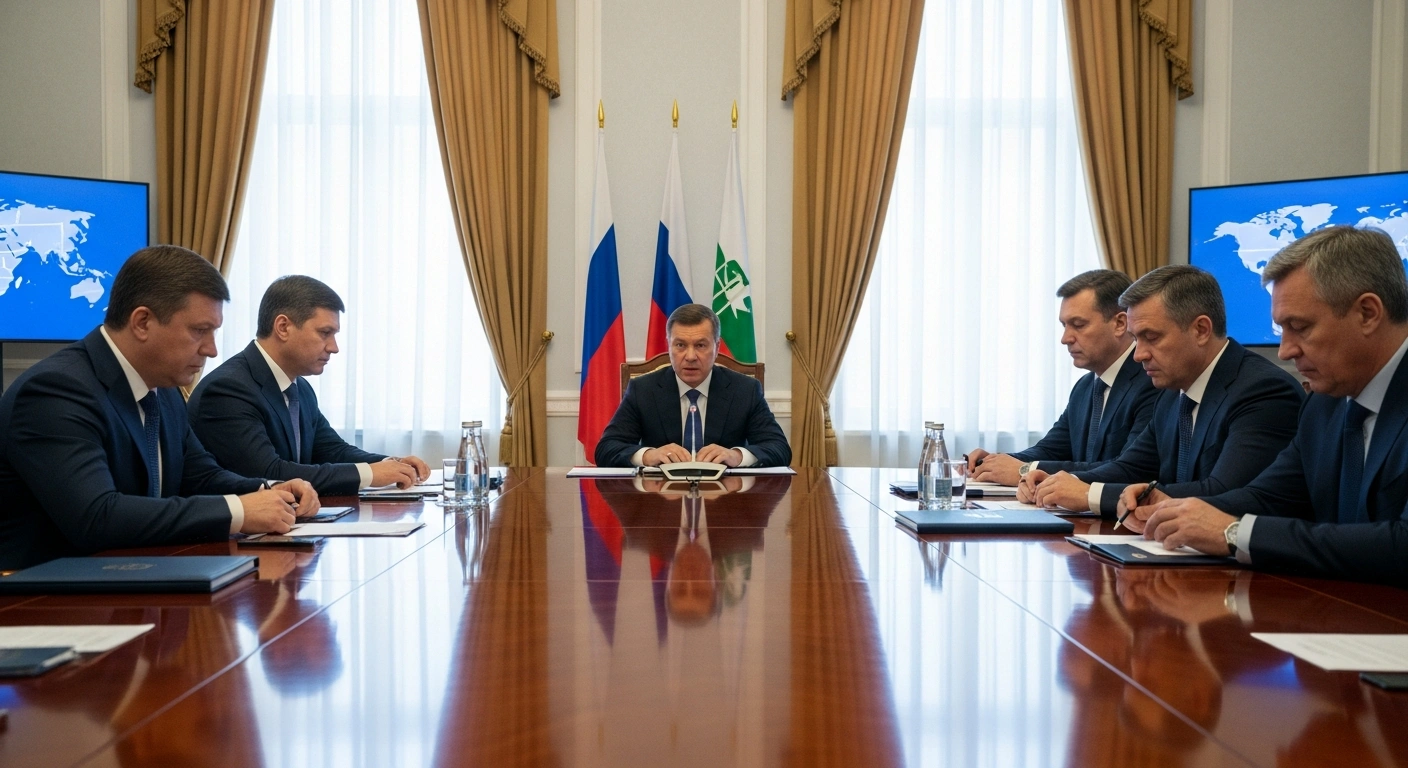 Russian Deputy Prime Ministers, including Mikhail Mishustin, Vitaly Savelyev, and Yury Trutnev, are shown convened around a large conference table, discussing the Russia-Belarus Union State Council meeting, 2025 civil aviation industry performance, and preferential lending initiatives in the Kuril Islands.