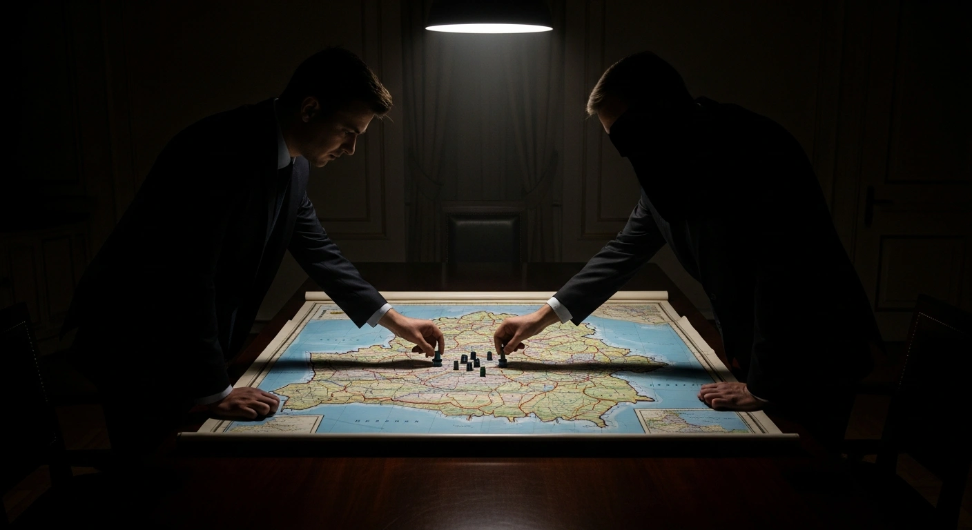Silhouetted figures are gathered around an antique map of Belarus in a dimly lit, opulent room, symbolizing the Russian Foreign Intelligence Service's (SVR) warning about Western non-governmental organizations preparing a 'color revolution' to destabilize Belarus and weaken its ties with Moscow and Minsk.