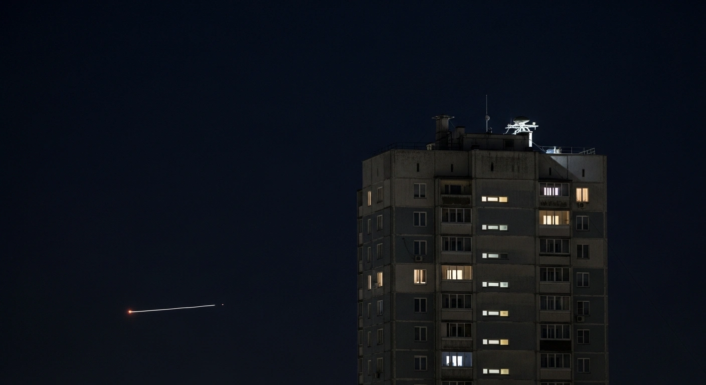 A nighttime image depicts a residential building in Belarus with Russian guidance equipment on its roof, subtly directing Shahed drone attacks towards Ukrainian territory, under a dark, ominous sky.
