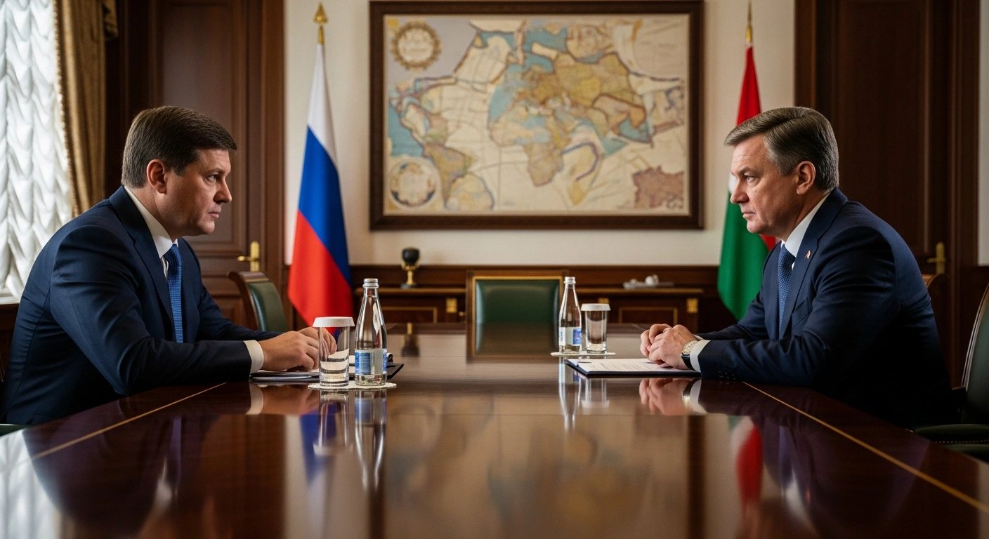 Two high-ranking officials, representing Russian Deputy Prime Minister Alexander Novak and Belarusian Deputy Prime Minister Viktor Karankevich, are depicted in a formal meeting room in Moscow, engaged in serious discussions about economic integration and energy cooperation.