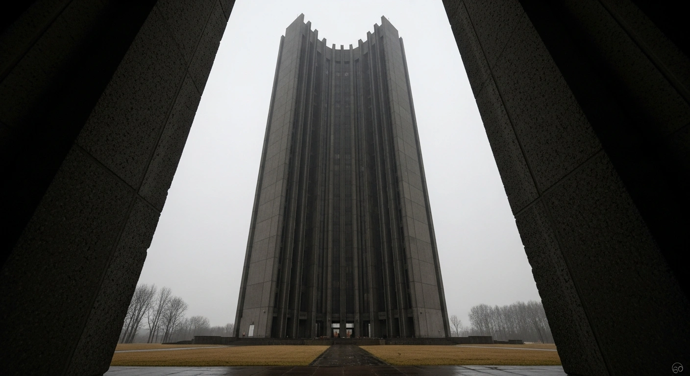 A colossal, dark brutalist structure, symbolizing Russia, casts a long, oppressive shadow over a muted, desolate landscape representing Belarus, illustrating the erosion of its sovereignty and its transformation into a military outpost and satellite state.