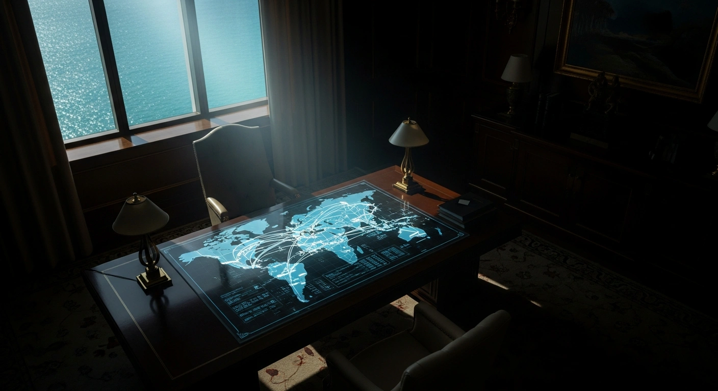 A high-angle view of a lavish, dimly lit office in Bermuda, featuring a polished desk with a glowing digital map of global trade routes, symbolizing the routing of Russian oil and gas equipment trade deals to circumvent sanctions and conceal assets.