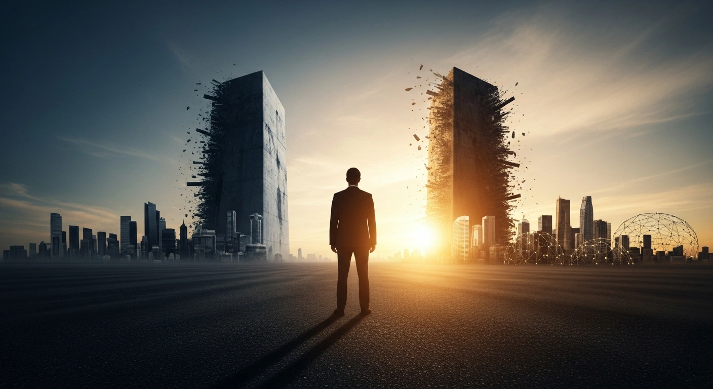 A solitary figure, representing Russia's foreign policy, stands on a barren economic landscape, turning away from a distant, weathered monolith symbolizing U.S. economic dominance and sanctions, towards a vibrant cluster of interconnected structures on the horizon, signifying Russia's commitment to developing alternative economic pathways through the BRICS bloc for trade, finance, and geopolitical influence.