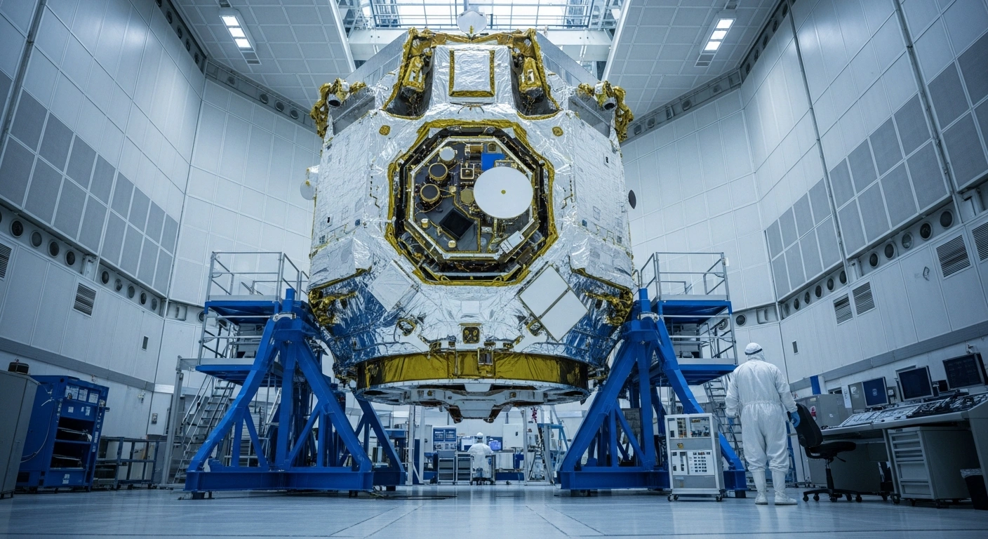 A partially assembled low-orbit broadband internet satellite, part of Russia's 'Rassvet' project, sits in a high-tech clean room, symbolizing the project's launch postponement from 2025 to 2026 due to potential assembly issues by Bureau 1440.