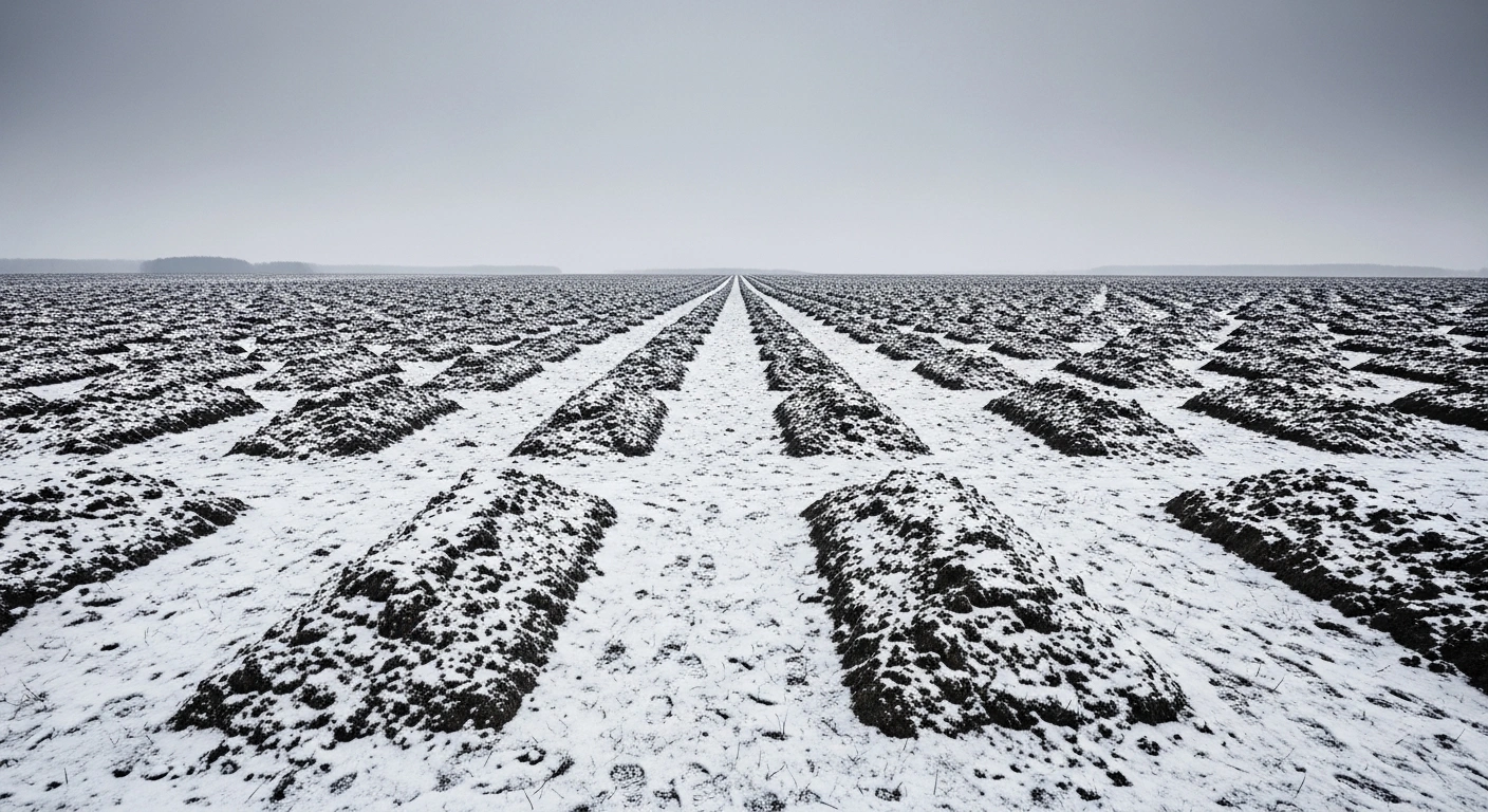 A wide aerial view shows the expansion of a cemetery with numerous freshly dug graves in a rural region of the Russian Federation.