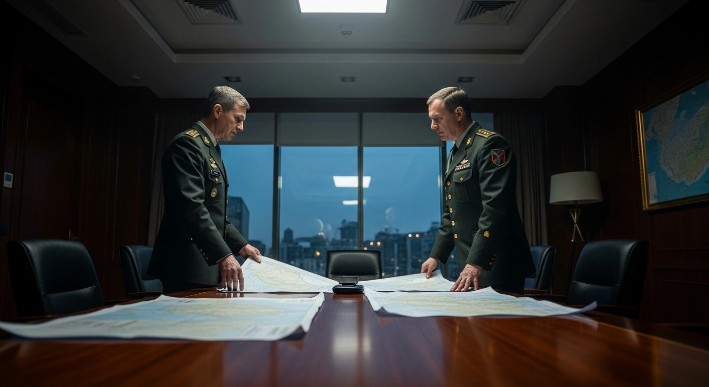 Two military officials review strategic defense documents during a formal meeting to discuss military cooperation agreements between Russia, Kazakhstan, and Uzbekistan.