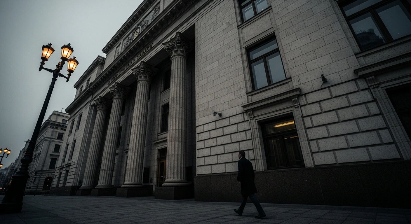 The exterior of the Central Bank of Russia building stands under a gloomy sky, representing the institution's cautious monetary policy and interest rate adjustments.