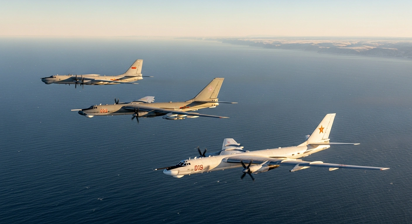 A Russian Tu-95 and a Chinese H-6 strategic bomber fly in a joint military air patrol over the North Pacific Ocean.