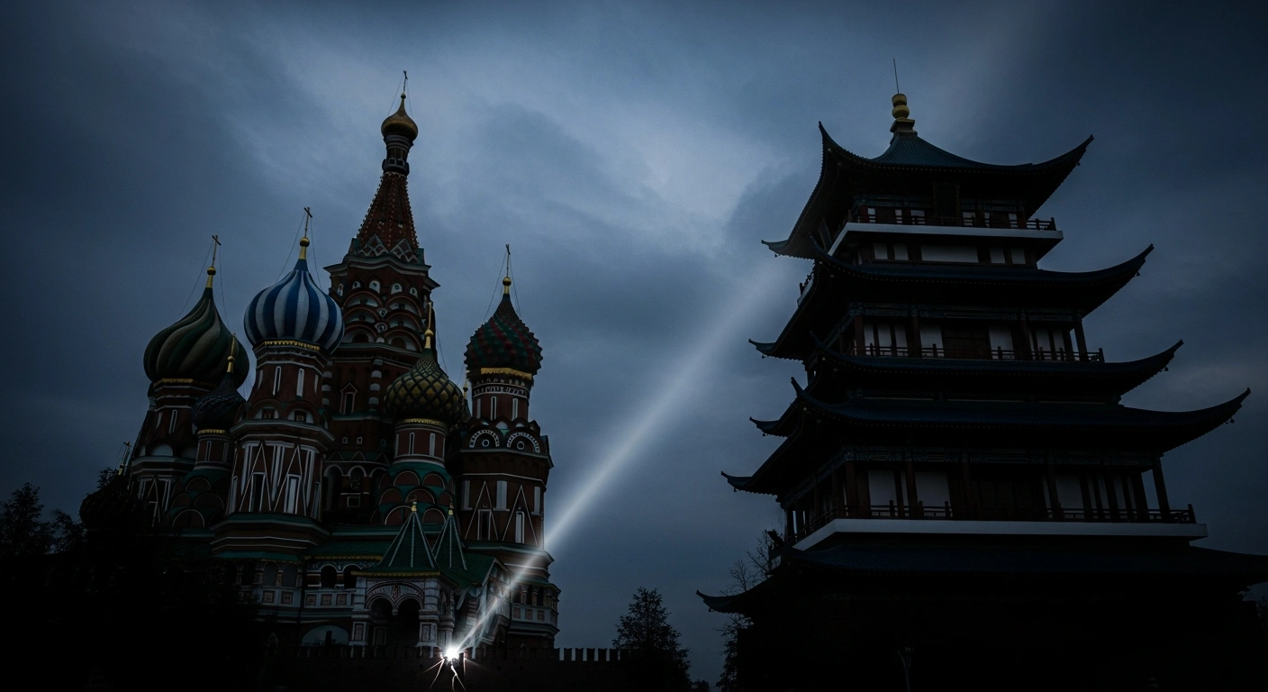 A dramatic, low-angle image shows the imposing, shadowed silhouettes of two colossal, stylized architectural structures, one evoking Russian design and the other Chinese, against a turbulent twilight sky, with a piercing beam of light highlighting a subtle fissure at the base of one structure, symbolizing the Kremlin's denial of US accusations concerning secret nuclear tests.