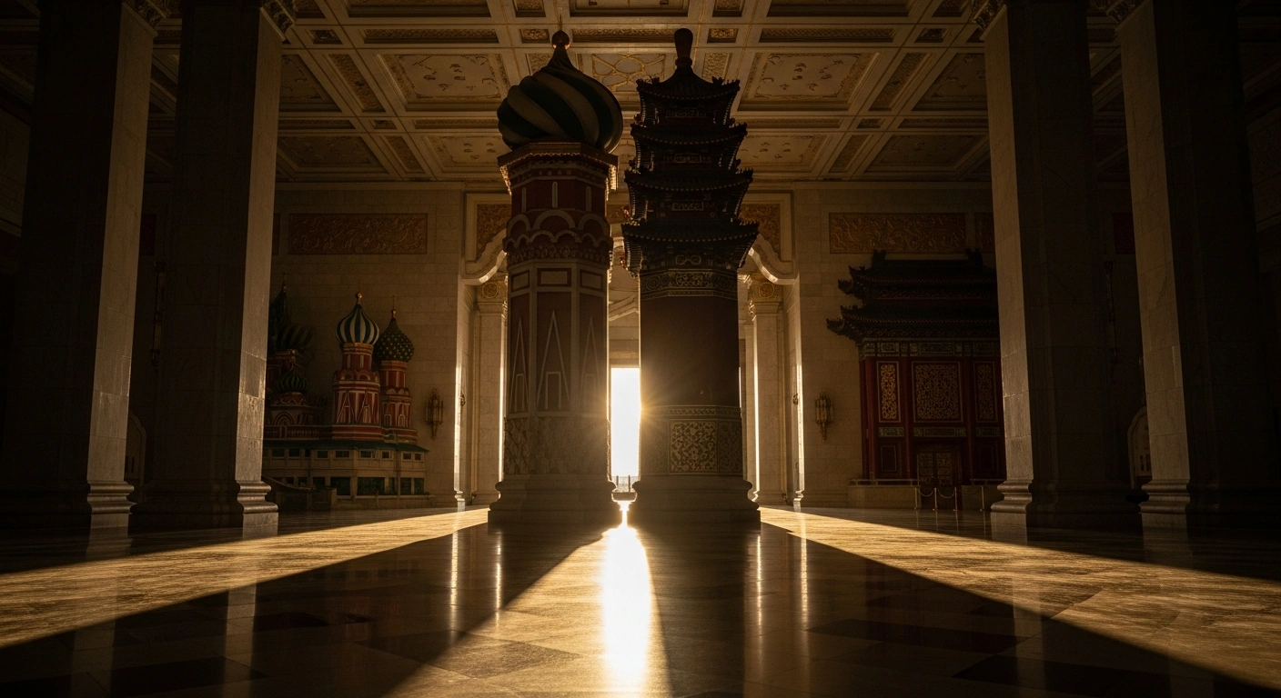 Two imposing architectural pillars, one subtly hinting at Russian design and the other at Chinese, stand in close, parallel alignment in a grand hall, symbolizing the unprecedented level and depth of Russia-China relations and their convergence on global and Eurasian affairs, as declared by Russian Foreign Minister Sergei Lavrov in Moscow on January 20, 2026.