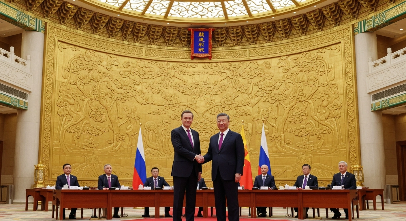 Russian Prime Minister Mikhail Mishustin and a Chinese leader shake hands in a grand, ornate Chinese hall, symbolizing the deepening strategic partnership and economic cooperation between Russia and China during Mishustin's visit.