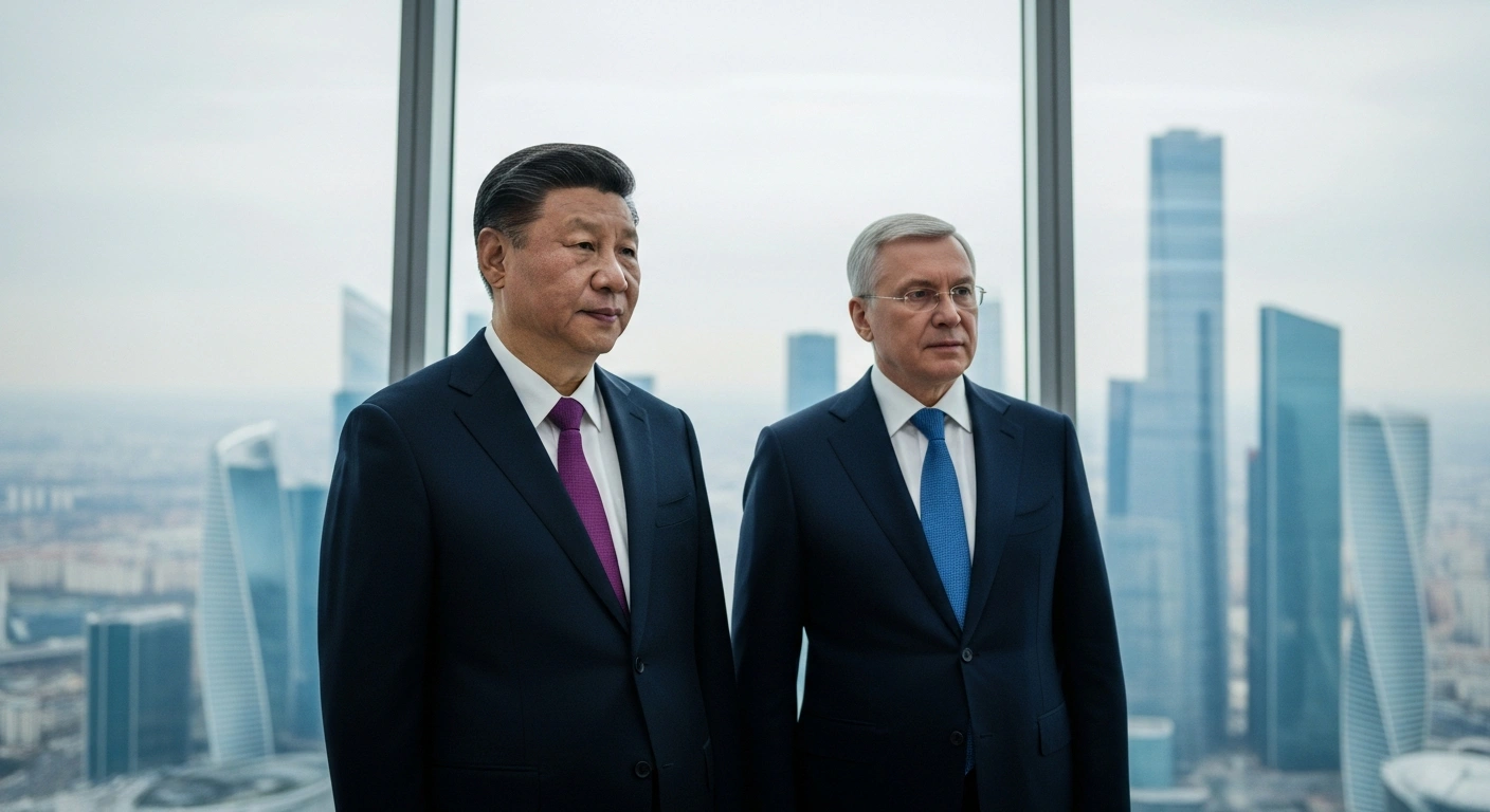 Russian Prime Minister Mikhail Mishustin and Chinese President Xi Jinping stand side-by-side in a modern, sunlit conference room, looking forward, symbolizing their discussions to bolster the comprehensive strategic partnership and expand cooperation in energy, space, aviation, automotive industries, and trade during Mishustin's visit to China.