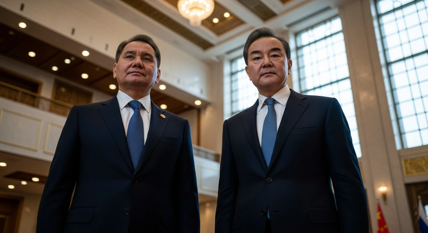 Russian Security Council Secretary Sergei Shoigu and Chinese Foreign Minister Wang Yi are shown standing together in a formal meeting room in Beijing, symbolizing their nations' deepening strategic coordination and Russia's unwavering support for China's 'one-China principle' regarding Taiwan.