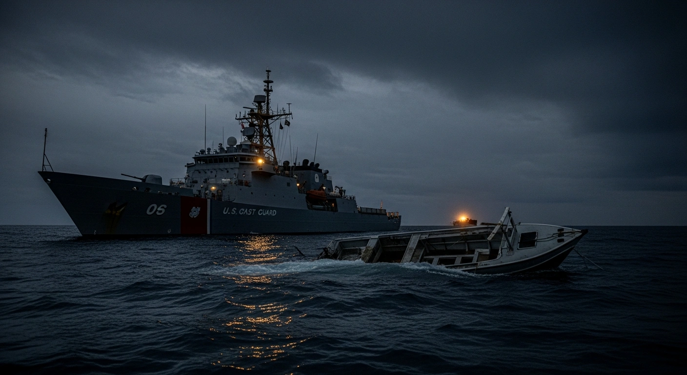 A wide, low-angle shot shows a towering naval vessel silhouetted against a stormy Caribbean sky, with the splintered wreckage of a smaller boat partially submerged in the foreground, symbolizing Russia's condemnation of the United States' alleged excessive use of military force in counter-narcotics missions.