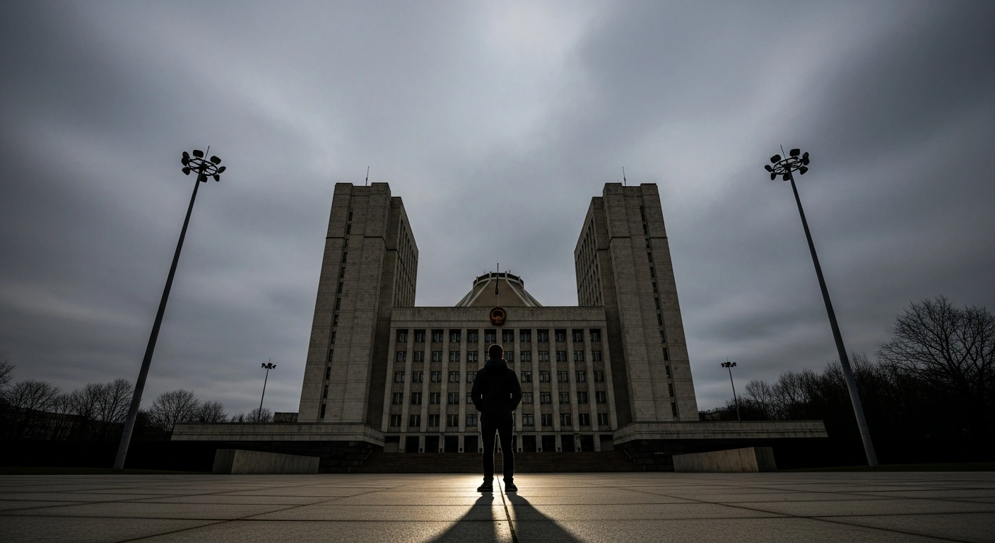 A lone, silhouetted figure stands before a colossal, brutalist government building under an overcast sky, symbolizing the impact of Russia's new policies including military conscription, increased VAT, and utility tariffs.