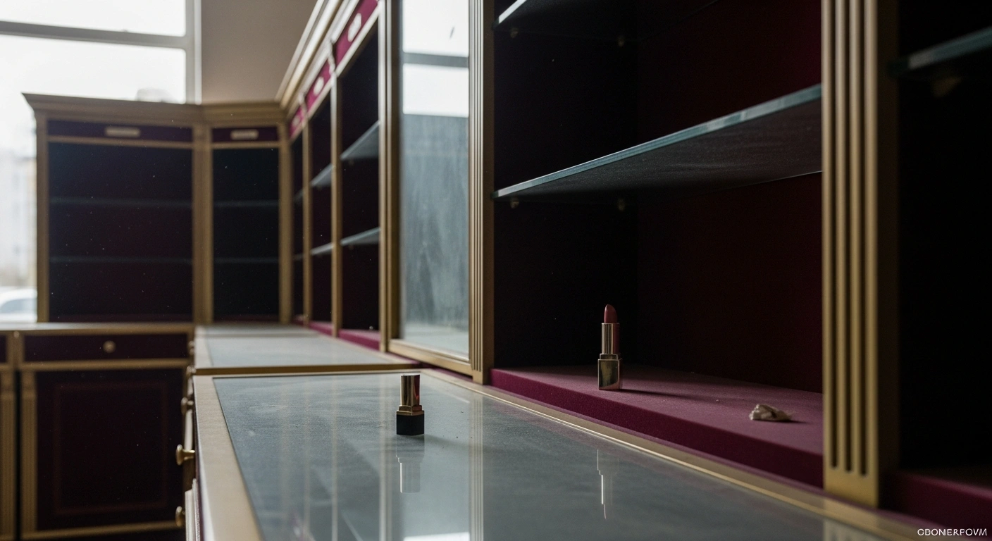 A dimly lit, empty cosmetics shop in Russia with a single forgotten lipstick on a dusty shelf, symbolizing the decline in physical store numbers due to factors like online retail and the departure of Western brands.