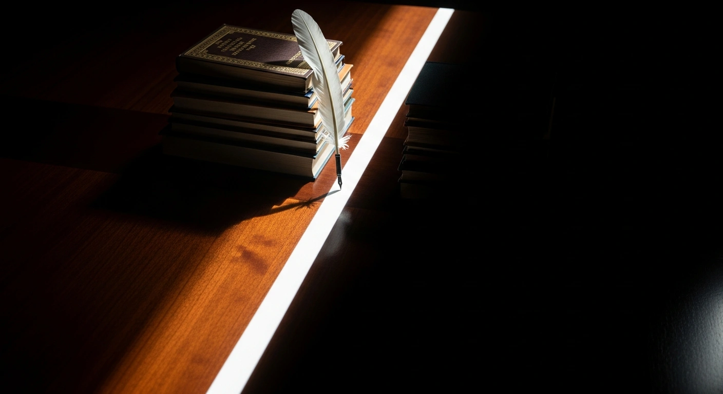 A polished dark wooden table, bisected by a beam of white light, with legal texts and a quill pen on one side and shadows on the other, symbolizing Russia's Supreme Court ruling to differentiate legitimate criticism of politicians and public figures from hate speech under anti-extremism laws.