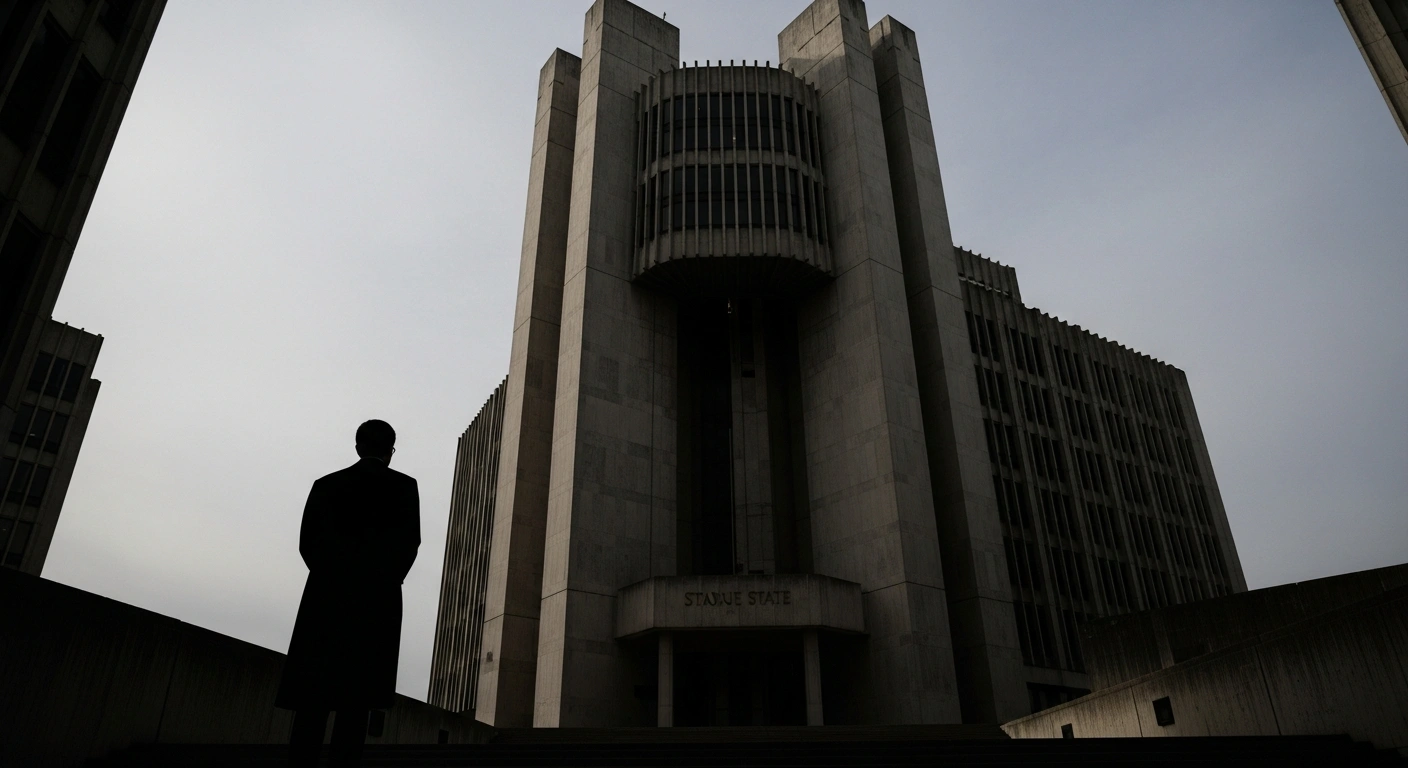 A lone, silhouetted figure stands before a towering, brutalist government building, symbolizing the designation of the Anti-War Committee of Russia, an organization of exiled opposition figures, as a 'terrorist organization' by Russia's Supreme Court.