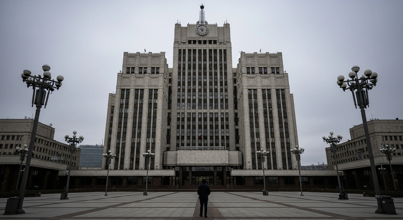 An imposing, brutalist government building with numerous surveillance cameras casting long shadows over a lone figure, symbolizing Russia's escalating crackdown on civil society, increased censorship, and pervasive surveillance detailed in Human Rights Watch's World Report 2026.