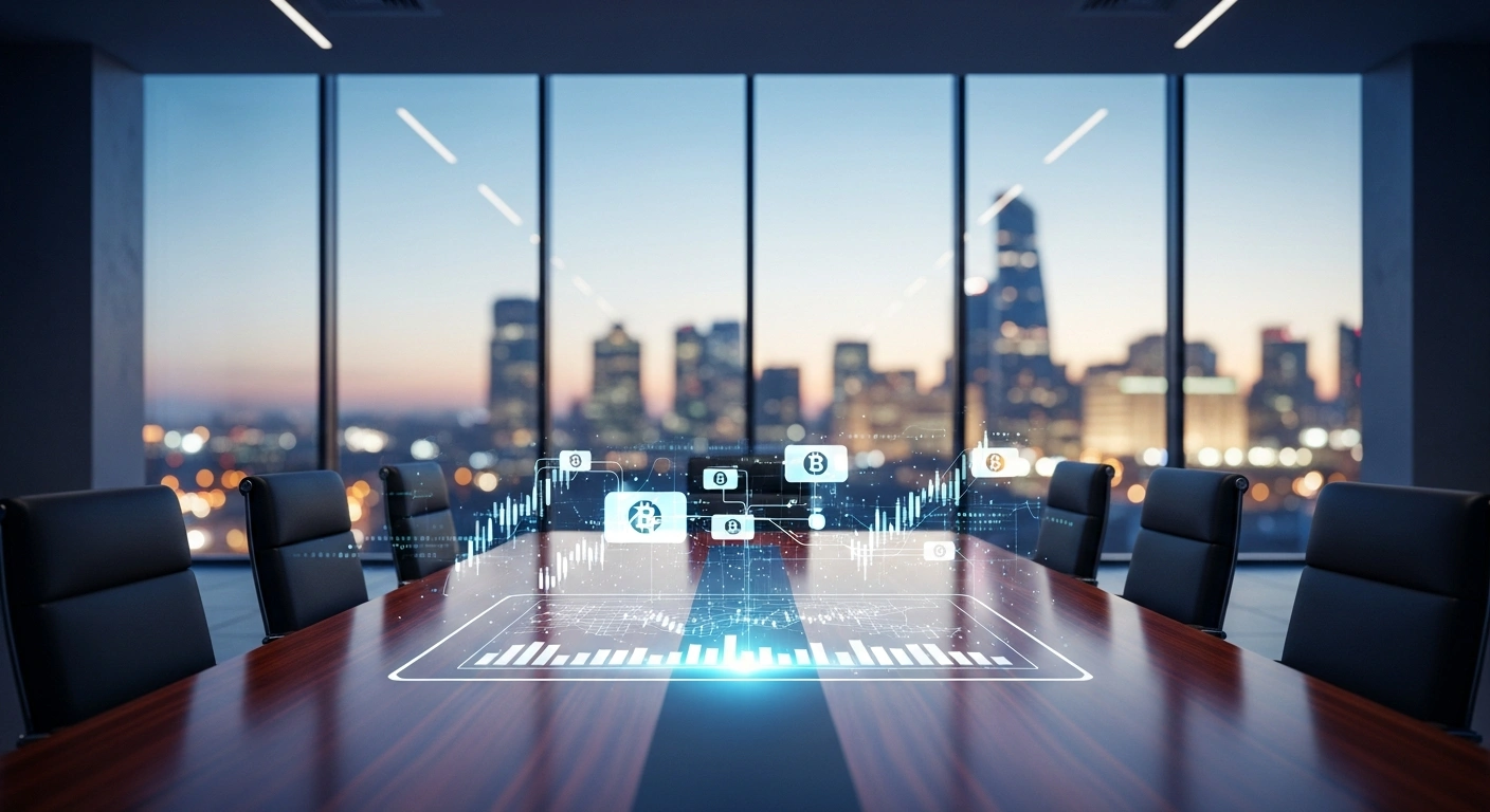 A modern boardroom in Russia features a holographic display of digital assets, representing the Central Bank's proposal to allow financial institutions to operate cryptocurrency exchanges.