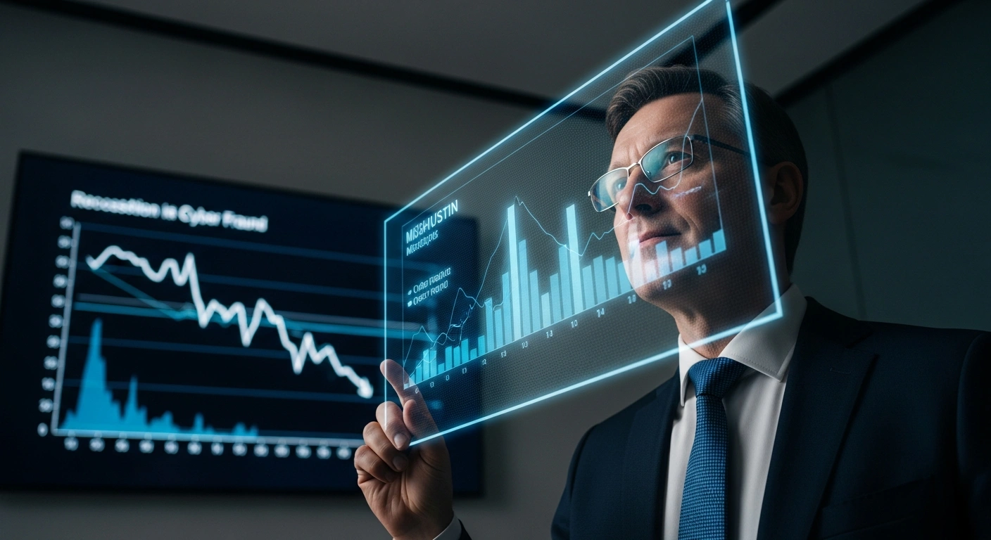 A photorealistic image of Russian Prime Minister Mikhail Mishustin, illuminated by the cool glow of a large, holographic data display showing a downward-trending graph, symbolizing the decline in cyber fraud following strategic government measures.