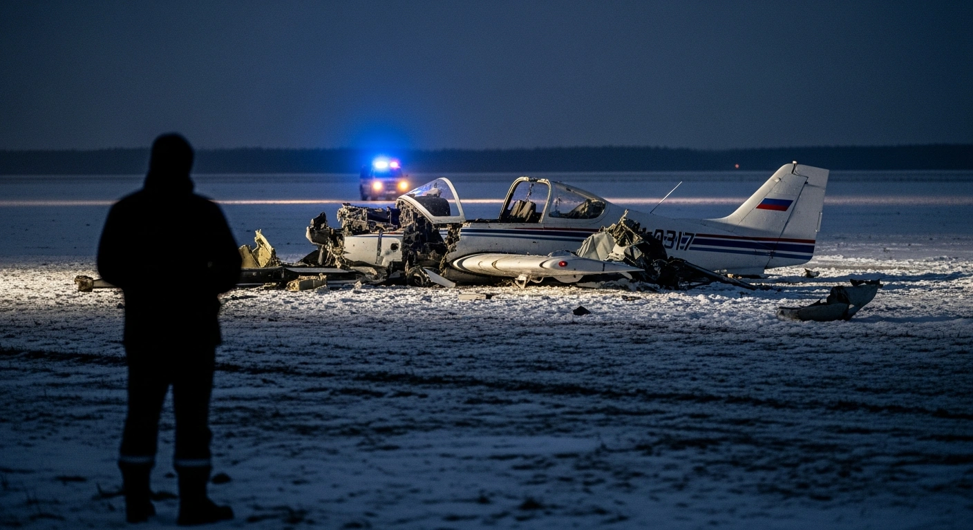A wide shot of a desolate, snow-dusted field at pre-dawn shows the scattered wreckage of a Diamond DA40 training aircraft, reflecting the tragic crash in Russia's Orenburg region that killed an instructor and two cadets.