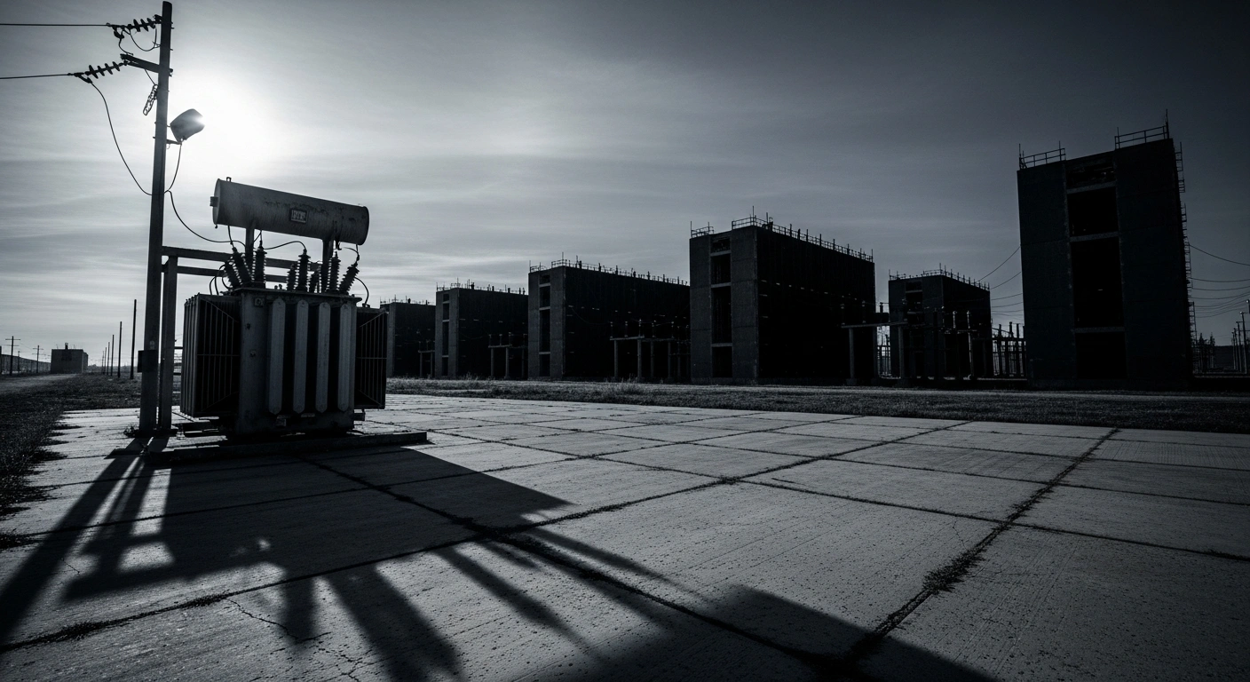 A desolate, unfinished data center site in Russia stands abandoned due to economic constraints and power shortages.