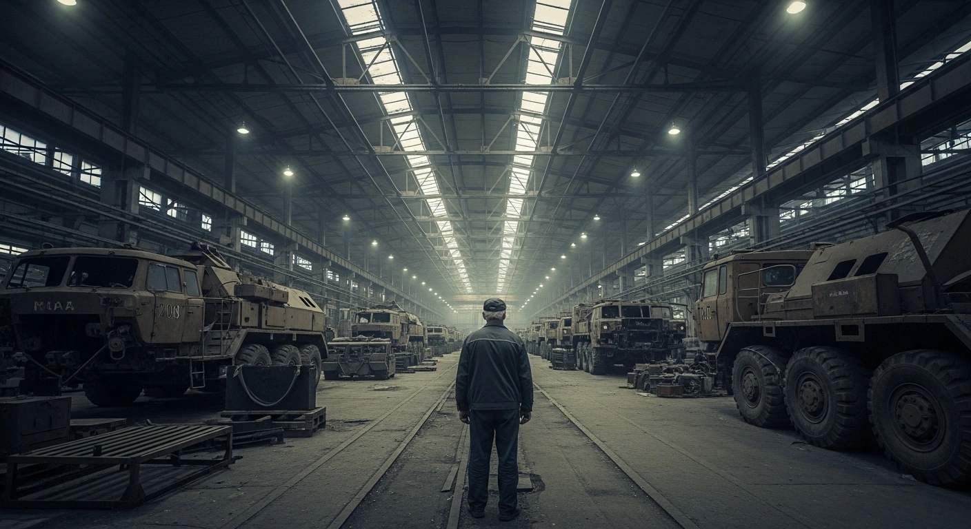 A wide, low-angle shot inside a vast, dimly lit Russian defense factory shows rows of silent, dust-covered heavy machinery, some half-assembled and abandoned, symbolizing the stagnation and decline of Russia's defense industry due to labor shortages and sanctions.