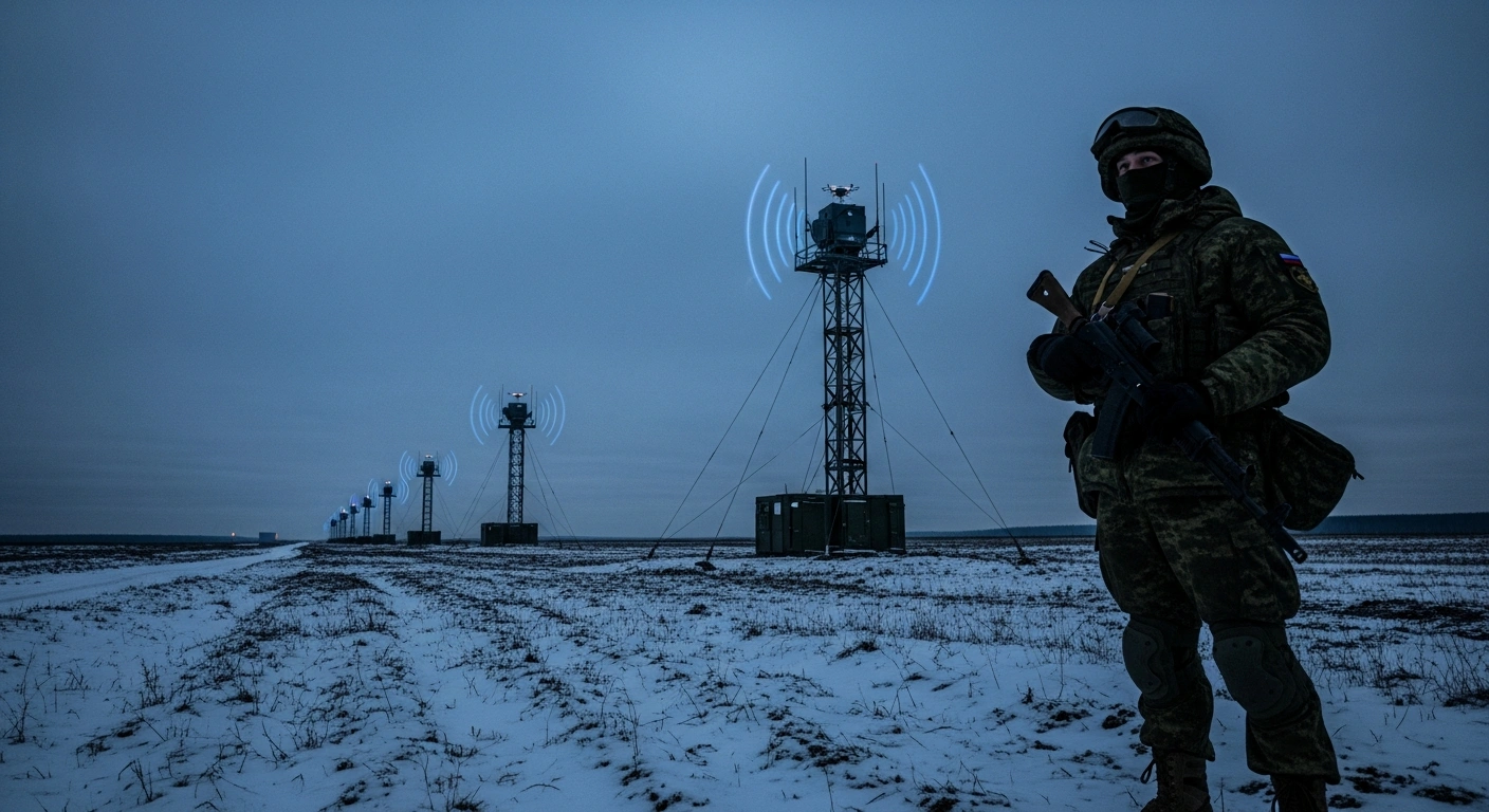 A wide shot of a desolate, snow-dusted Russian border landscape at twilight, featuring newly erected anti-drone towers emitting a subtle electronic shimmer and a heavily equipped reservist standing sentinel, symbolizing the Russian Federation's strengthened internal defenses against escalating Ukrainian drone attacks and sabotage operations, reflecting an expectation of prolonged conflict.