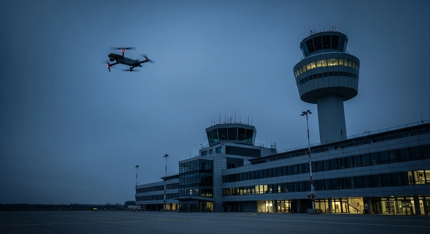 A sleek, dark drone hovers silently above a modern German airport control tower at twilight, its navigation lights blinking ominously, symbolizing the recent surge in drone sightings and the geopolitical tensions surrounding Russia's denial of accusations.