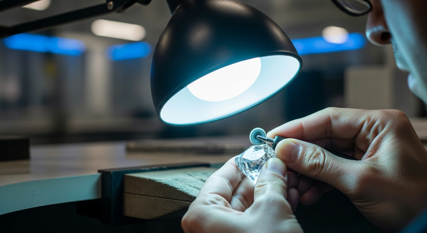 A skilled artisan polishes a raw diamond in a modern Russian diamond processing facility to support the domestic industry.