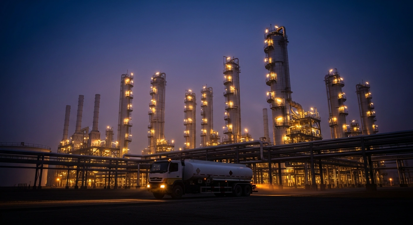 A large industrial oil refinery in Russia stands idle at dusk as part of the government's temporary ban on diesel exports to stabilize domestic fuel supplies.