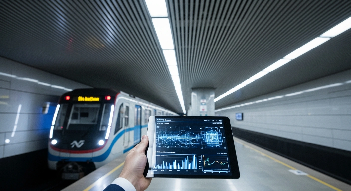 A close-up shot of a hand holding a digital tablet displaying a complex transaction, set against the blurred background of a modern Moscow Metro station with a train arriving, symbolizing Russia's digital ruble being used for a government contract involving VTB Bank and Mosinzhproekt.
