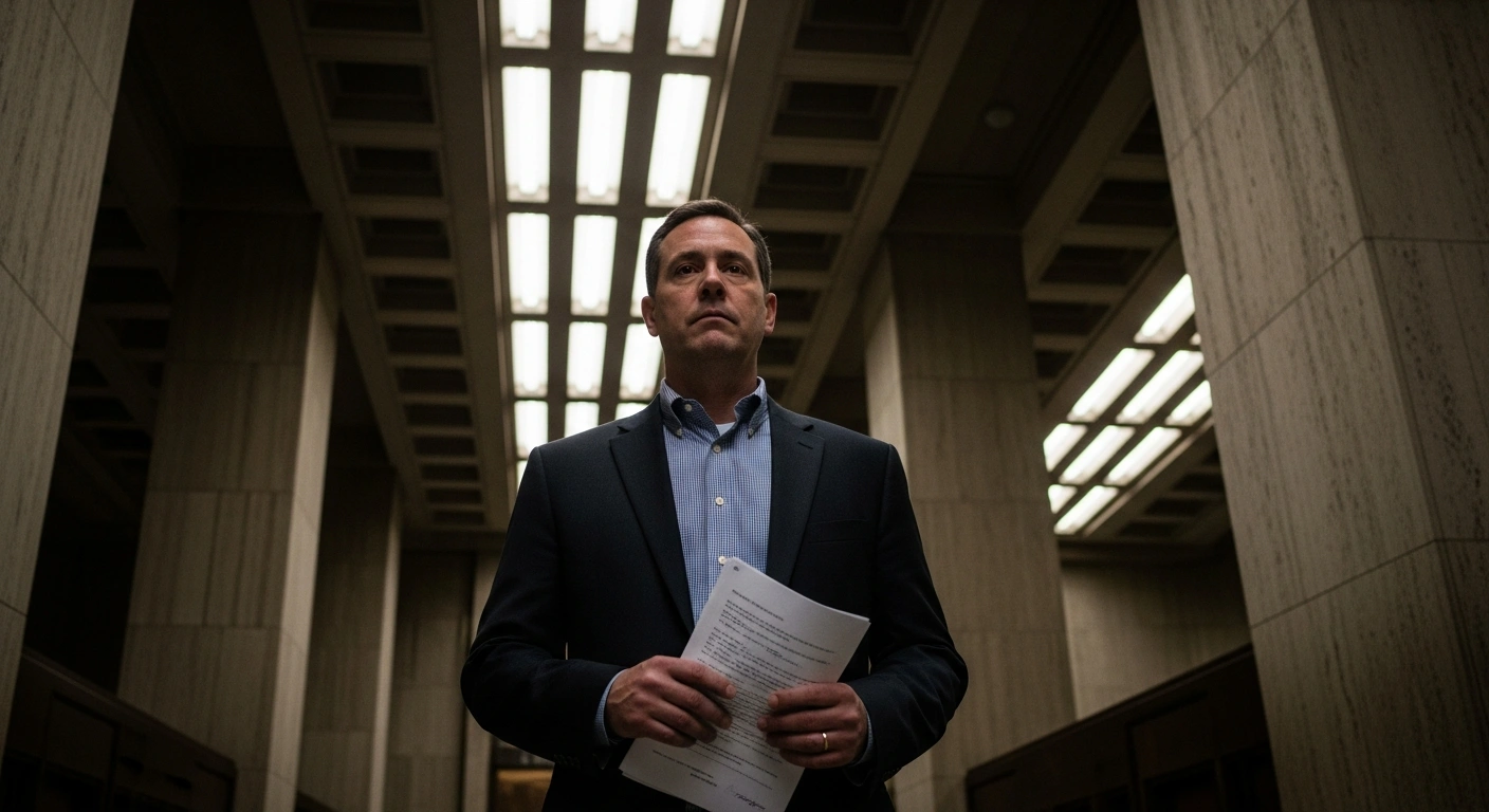 A man in civilian clothes with a weary expression stands in a dimly lit, austere government corridor, clutching a folded document, representing a Russian reservist called up amidst heavy losses in Ukraine following a State Duma bill.