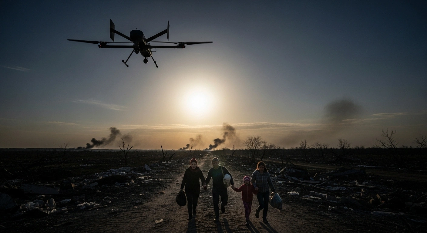 A military drone hovers menacingly over a desolate, war-torn Ukrainian village at twilight, as a small family flees along a rubble-strewn path, illustrating the systematic use of drones to displace civilians near the front lines in Ukraine.