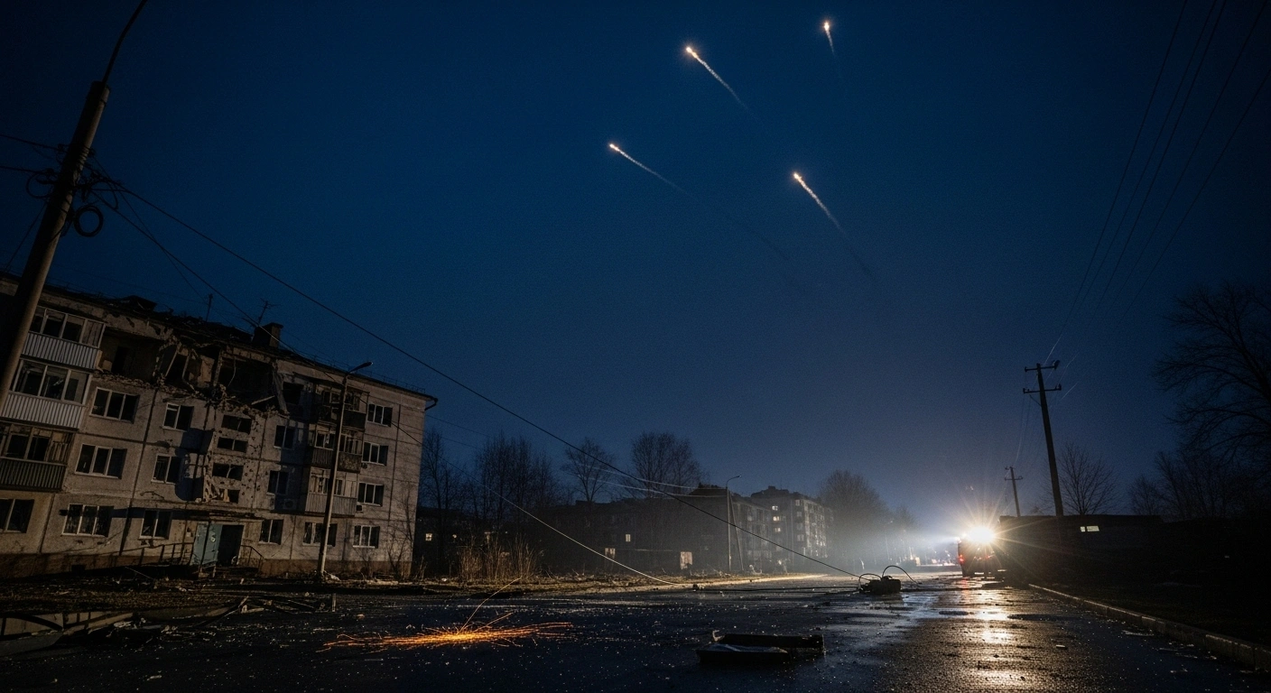 An aerial defense system intercepts Ukrainian drones over Belgorod at night, causing damage to residential buildings, vehicles, and infrastructure, resulting in power outages.