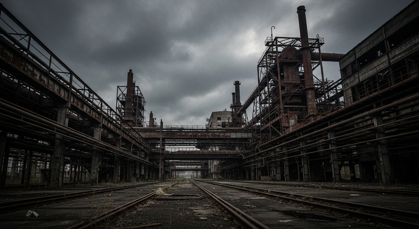 A wide, low-angle shot of a vast, derelict industrial complex under an overcast sky, featuring rusting, silent machinery and a single flickering light, symbolizing Russia's profound economic crisis, industrial slowdown, and record budget deficit.