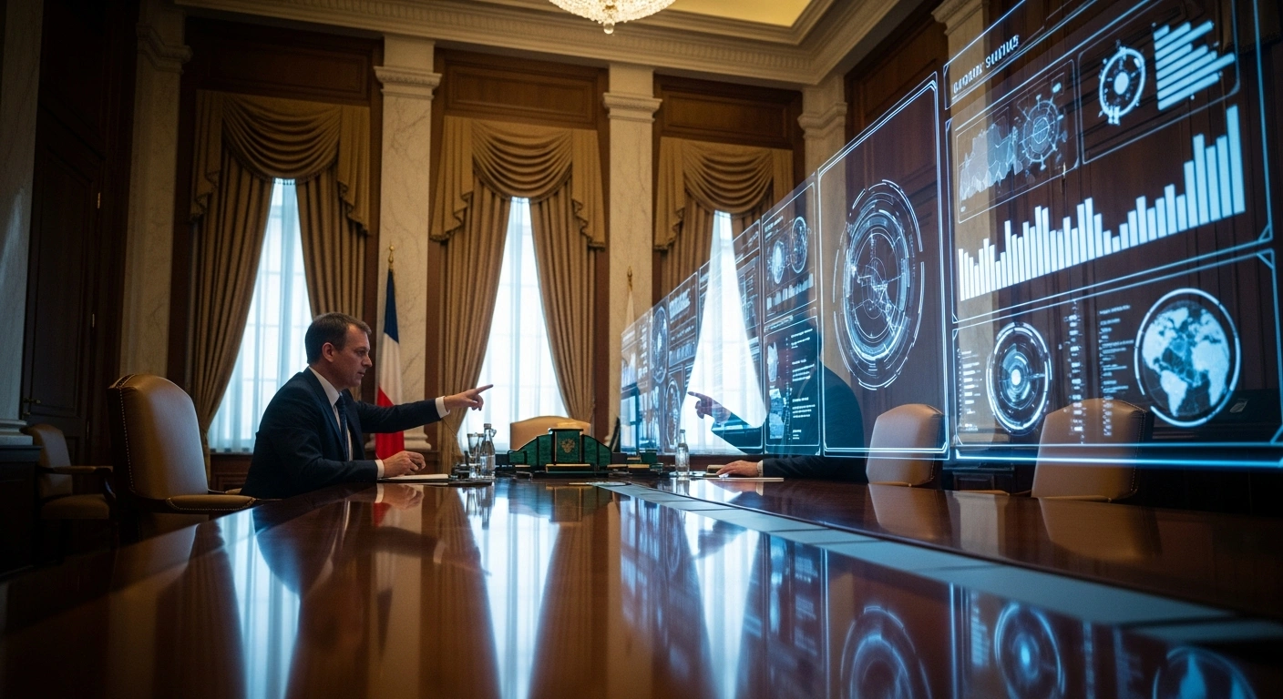 Russian Minister of Economic Development Maksim Reshetnikov presents economic growth data to President Vladimir Putin in a formal Kremlin office setting.