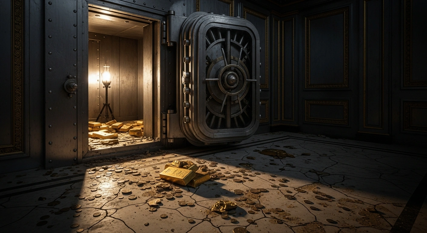 A grand, ornate, and visibly decaying bank vault with its heavy steel door slightly ajar, revealing darkness within. A flickering gaslight casts long shadows of crumbling gold bars and scattered, tarnished coins on the dusty floor, symbolizing Russia's economy facing a potential systemic banking crisis by October 2026 due to troubled assets, military spending, high interest rates, and oil sanctions.